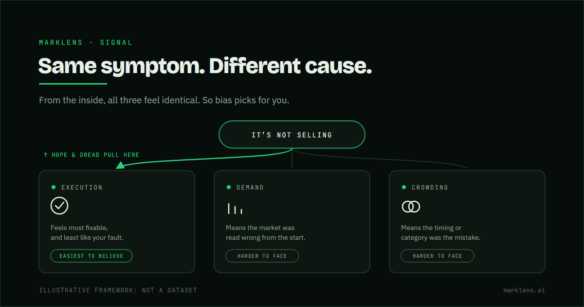 Diagram showing one identical symptom, a product not selling, branching into three possible causes, with a bias arrow showing how hope and dread pull founders toward the easiest-to-bear explanation instead of the true one.